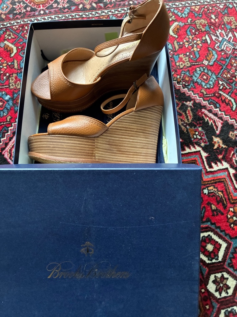 Brooks Brothers Cognac Leather Platform Wedge Sandals